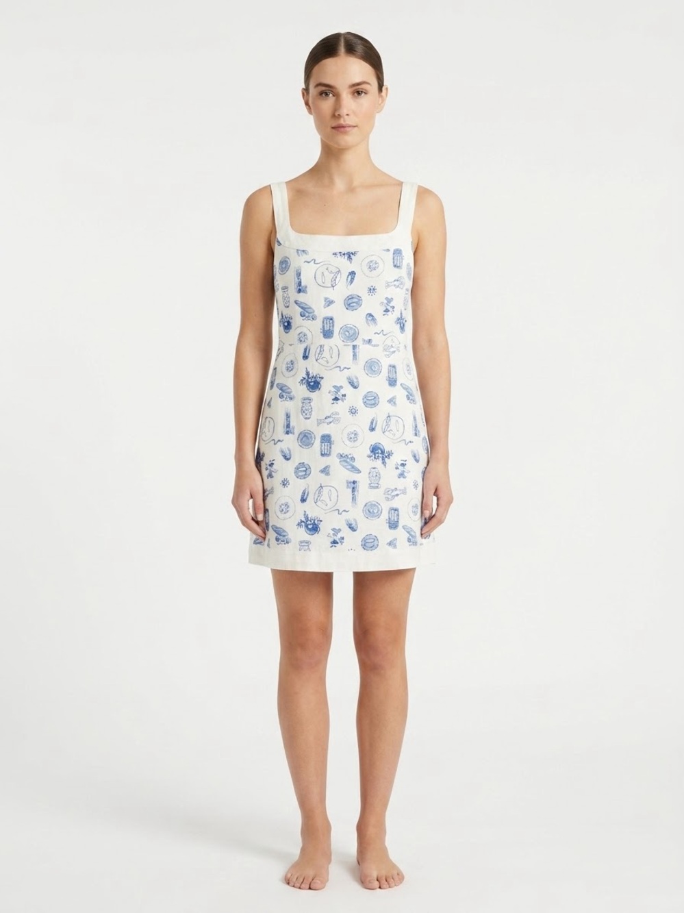 Abercrombie & Fitch Linen Blend Mini Dress Blue White Mediterranean Coastal
